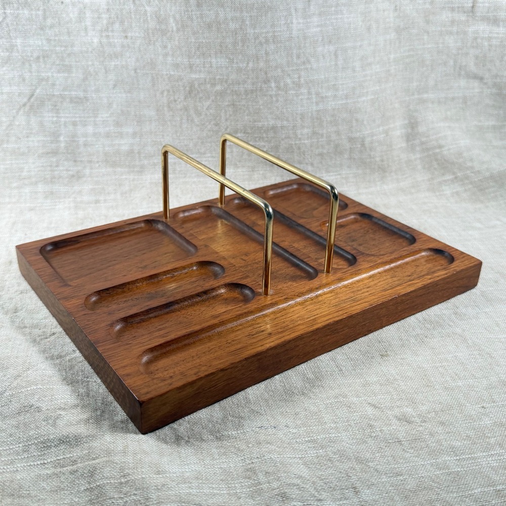 Vintage Wood Desk Organizer Brass Letter Holder MCM Office Tray
